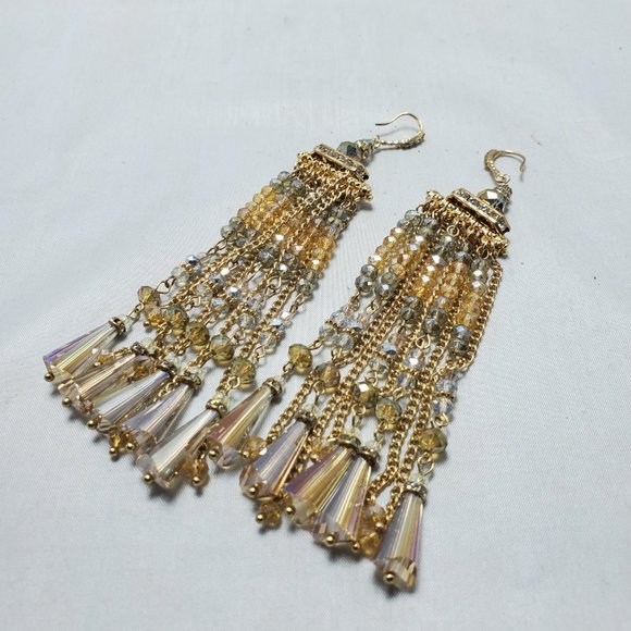 Ali Khan champagne clear ripple long fringe glass bead earring - Picture 4 of 6